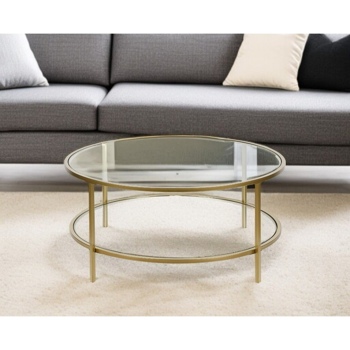 HMS 36\" Round Coffee Table with Gold Glass Top Steel Frame Tempered Sintered Stone Shelf for Living Room Entry Luxury Furniture