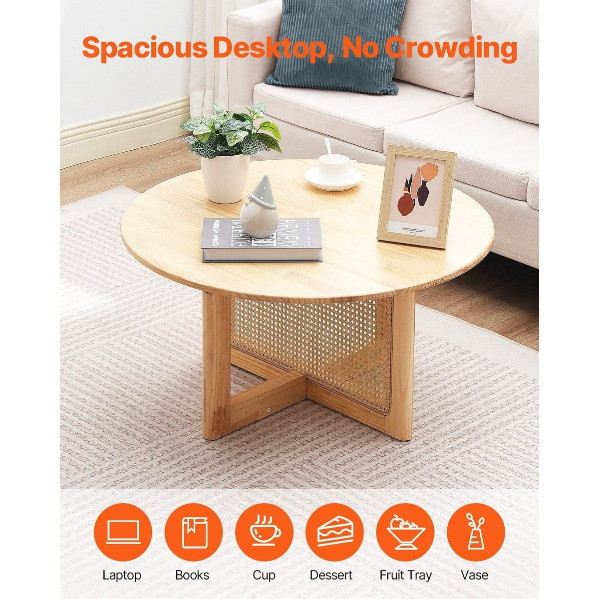 Single Tier Round Wood and Rattan Coffee Table for Living Room