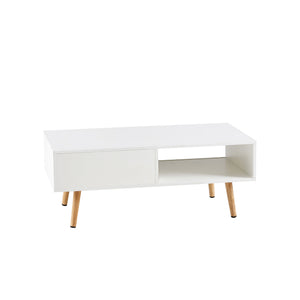 Natural Rattan Coffee  Mid-Century Center Table for Small Space Table with Sliding Doors & Open Storage Shelf