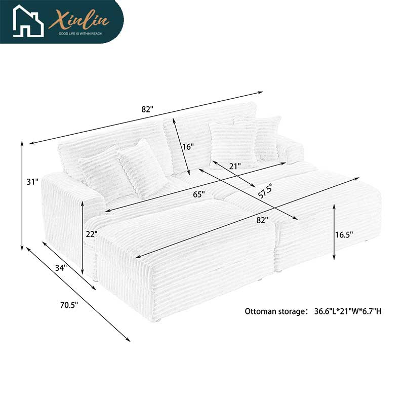 Modern 82-Inch Corduroy Sofa Two Storage Feet 4 Throw Pillows New Living Room Office Fashion Darling American Warehouse Dining