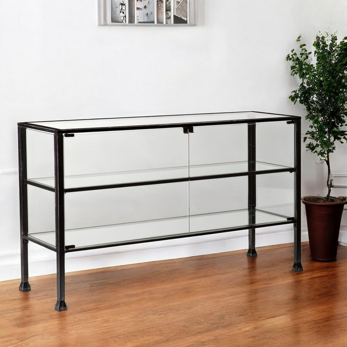 HMS Industrial Rustic Black Glass Double Door Cabinet Extendable Mid-Century Wine Cabinet Home Stainless Steel Home Furniture
