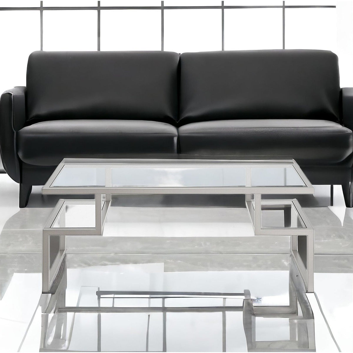 HMS 45 Convertible Silver Glass Steel Coffee Table Two Shelves Tempered Glass Top Farmhouse Style Side for Tea for Living Room
