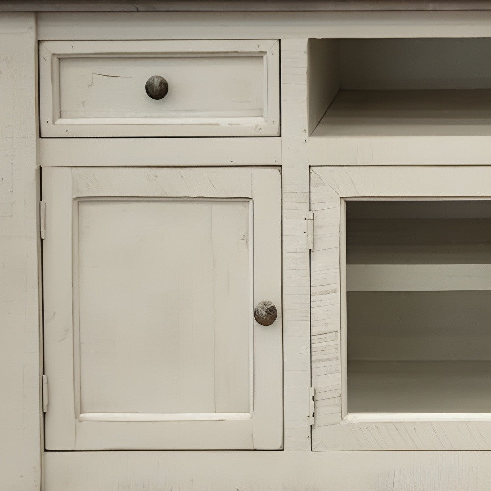 HMS 60 Ivory Solid Wood Open Shelving Distressed TV Stand