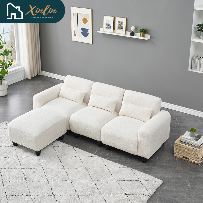 Modern 84.6-inch Beige Teddy Fleece Sofa Creatively Assembled Into a Two-Seater with Single Couch From American Warehouse