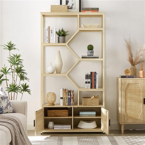 7 Tiers Natural Rattan Bookshelf 39.4'' W X 13.8'' D X 75.6'' H Storage Rack Cabinet for Living Room or Home Office
