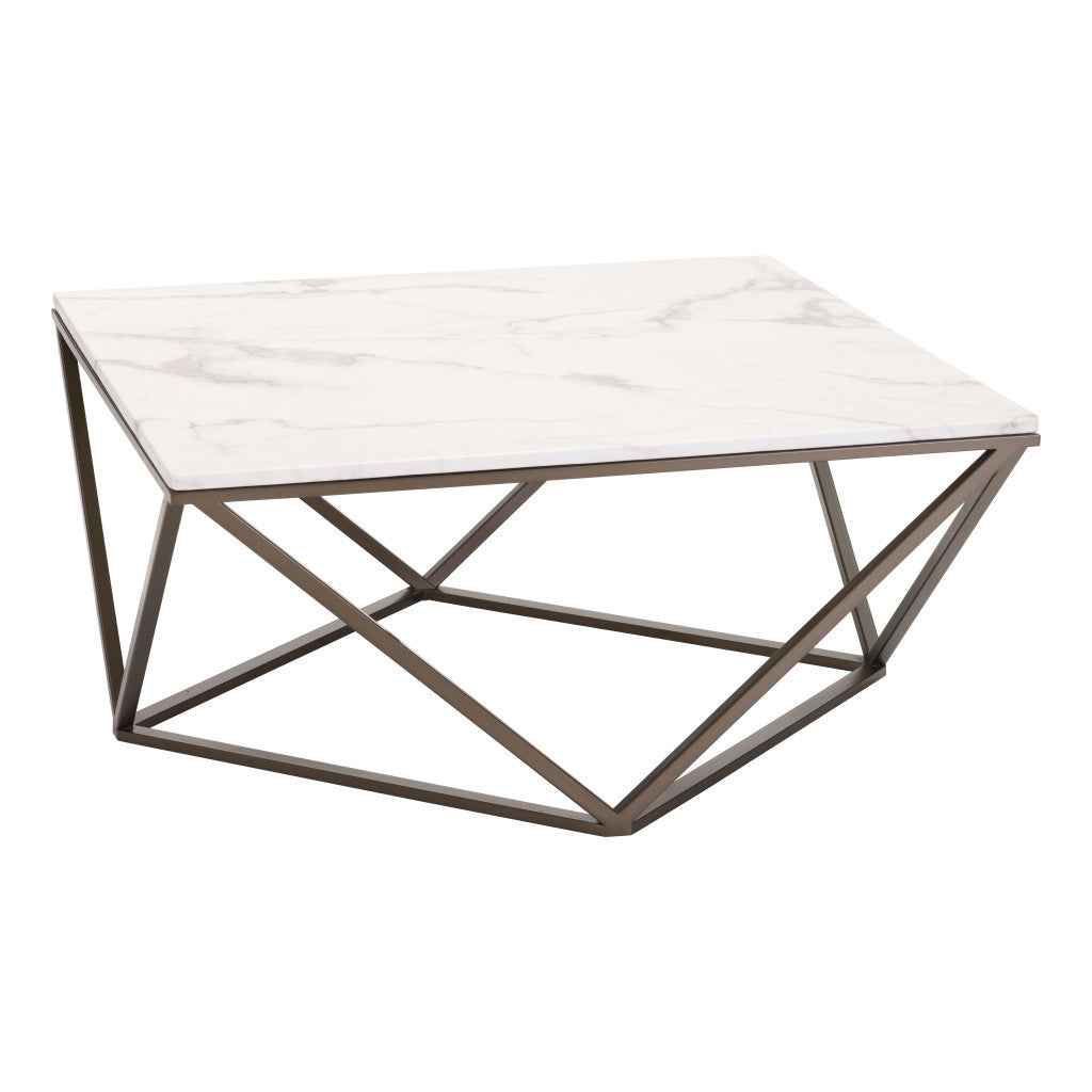 HMS 36\" White and Antiqued Brass Faux Marble and Steel Square Abstract Coffee Table