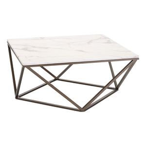 HMS 36\" White and Antiqued Brass Faux Marble and Steel Square Abstract Coffee Table