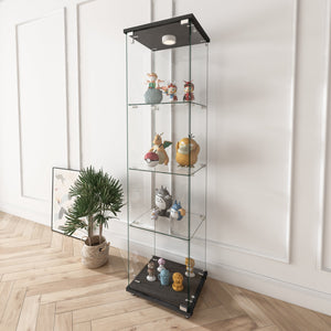 Modern Glass Display Cabinet with LED Lights Black Kitchen Cabinets Storage Cabinet with Wheels Living Room Furniture