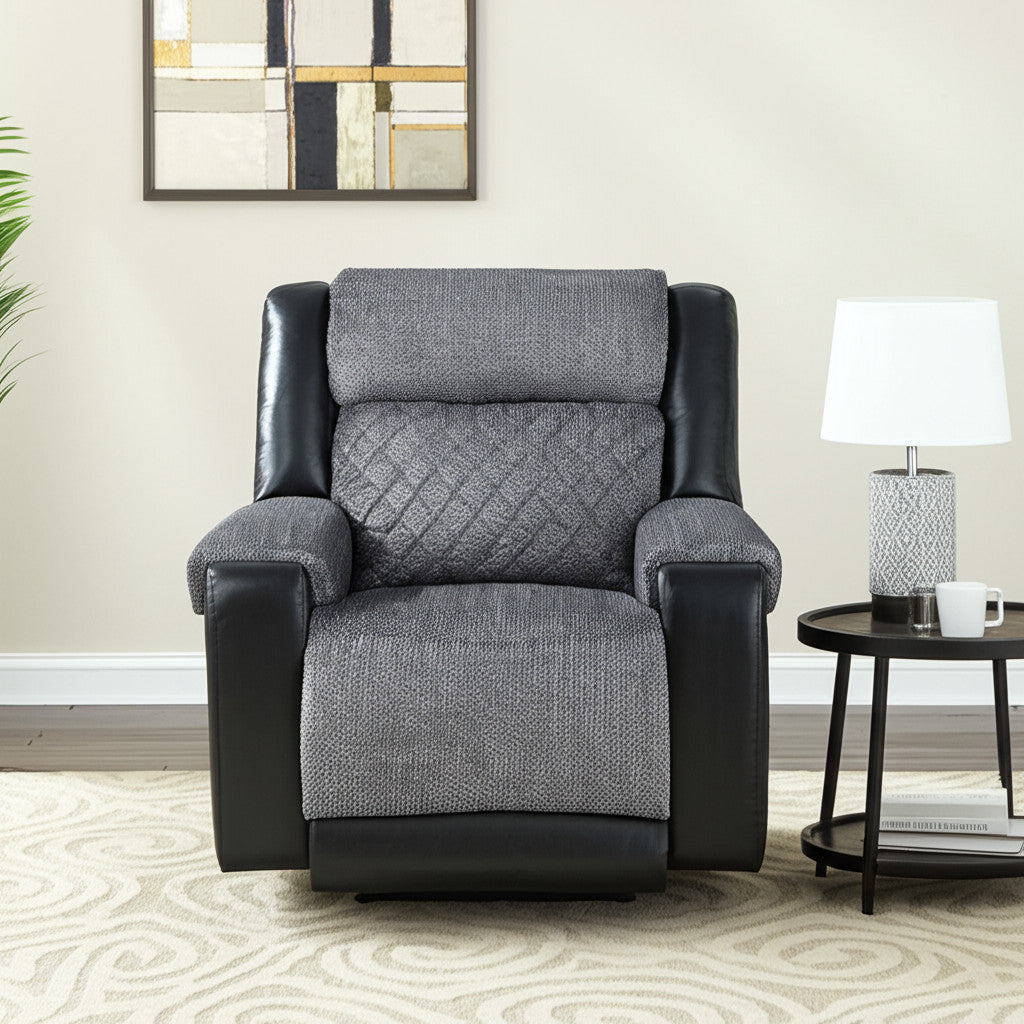 39" Manual Recliner in Black and Gray Fabric and Faux Leather Combination