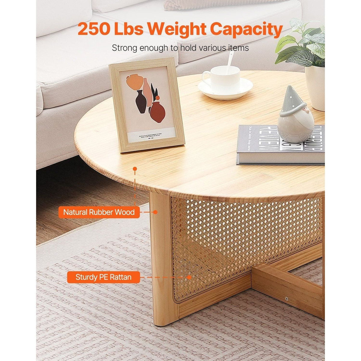Single Tier Round Wood and Rattan Coffee Table for Living Room