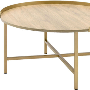 HMS 34\" Convertible Oak and Gold Wood and Metal Round Sled Coffee Table Farmhouse Style Tea Table for Living Room Use