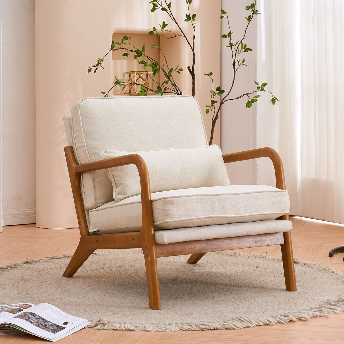 Single Indoor Lounge Chair with Oak Armrests Oak Upholstered Off-White for Living Room