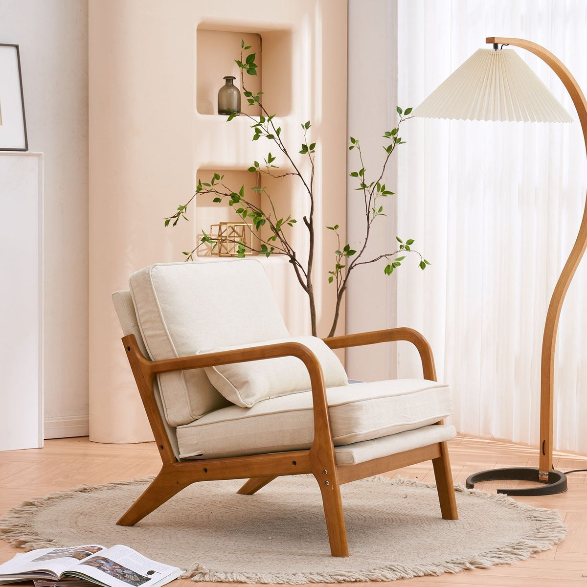 Single Indoor Lounge Chair with Oak Armrests Oak Upholstered Off-White for Living Room