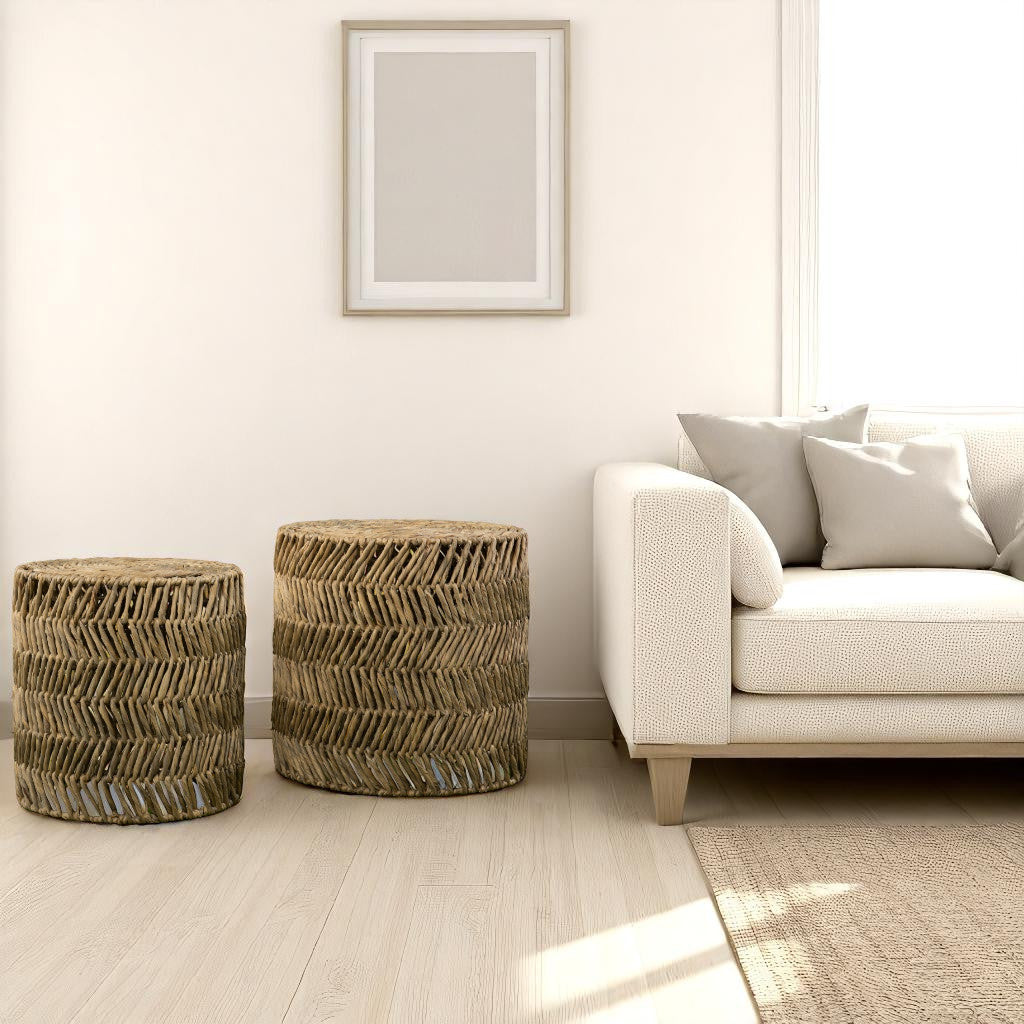 HMS Traditional 18\" Natural Woven Rattan End Tables Set of Two Rectangle Living Room Furniture with Metal Stand for Home Use