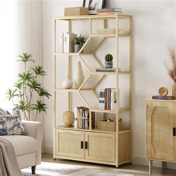 7 Tiers Natural Rattan Bookshelf 39.4'' W X 13.8'' D X 75.6'' H Storage Rack Cabinet for Living Room or Home Office