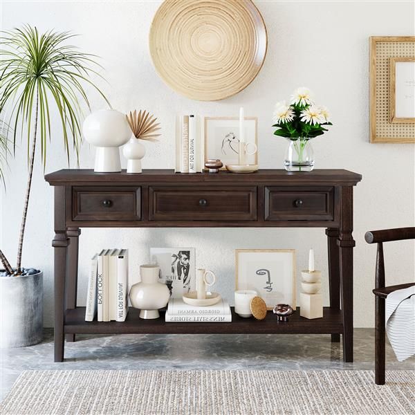 Classic Retro Style Espresso Console Table with Three Top Drawers and Open Bottom Shelf Easy Assembly