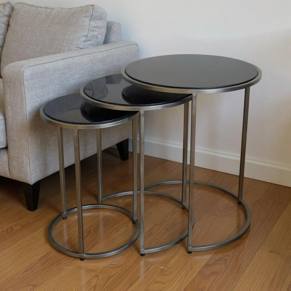 Set of Three Black and Gray Marble Nested Tables with Iron Round Frames for Living Room