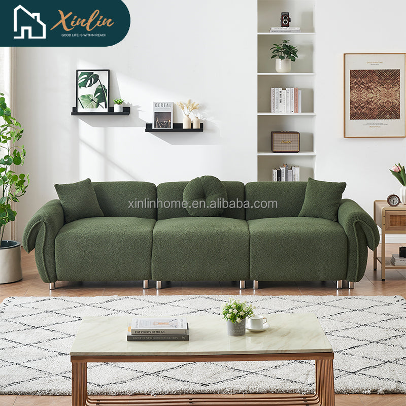 Free Shipping Modern 112-Inch Orange Teddy Velvet Fabric with 3 Wooden Pillows for Three-Seat Sofa in Living Room