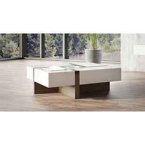 HMS 39\" Brown and White Wood Square Solid Coffee Table with Four Drawers