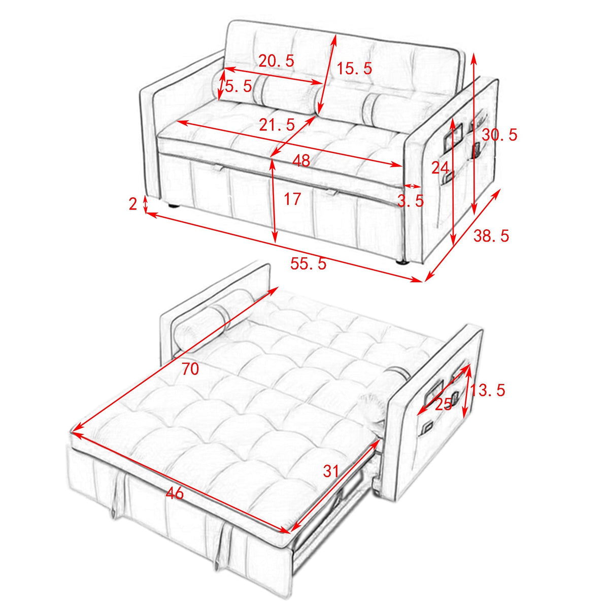 Modern Luxury 55.5 Inch Pull-Out Sleep Sofa Bed 2-Seater Loveseat Couch with Side Pockets Velvet Material Extendable Feature