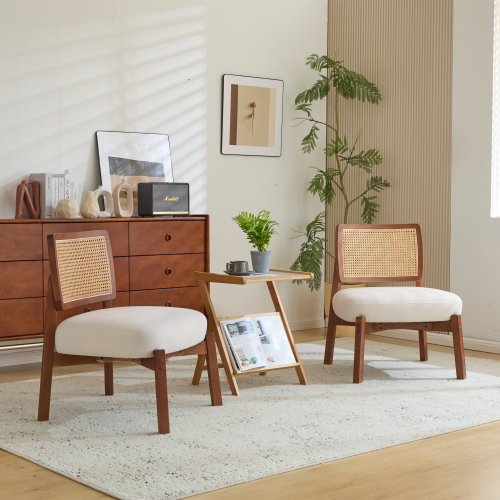 Modern Beige Lounge Chair Set 2 Woven Backrest Sturdy Wooden Frame Minimalist Elegant Accent Seating for Living Room Bedroom