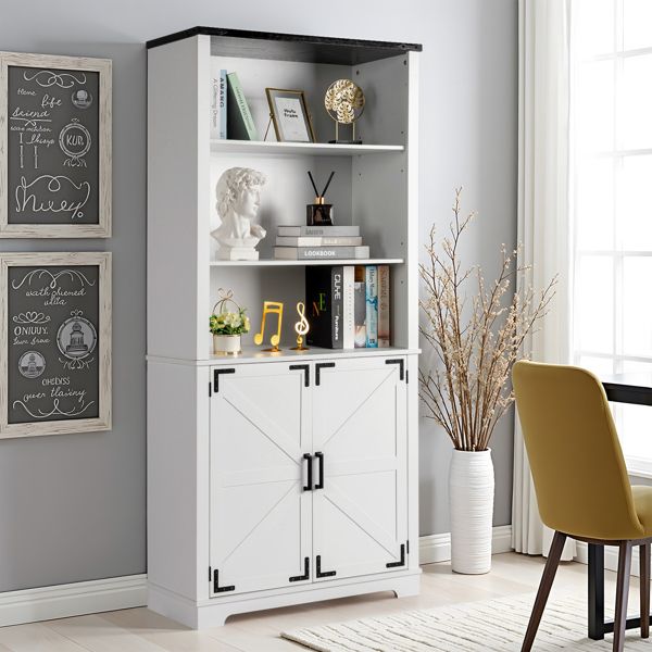 FCH 3-Layer Double Door Display Cabinet 2-Z Shape Black Iron Corners Front Curved Base White Triammine Board Living Room
