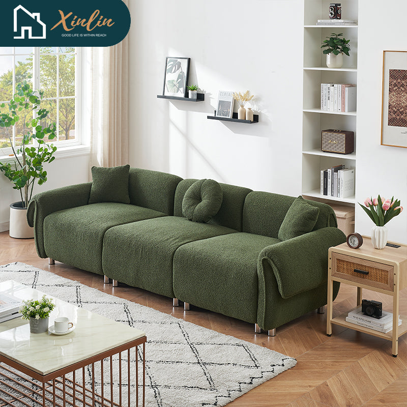 Free Shipping Modern 112-Inch Orange Teddy Velvet Fabric with 3 Wooden Pillows for Three-Seat Sofa in Living Room