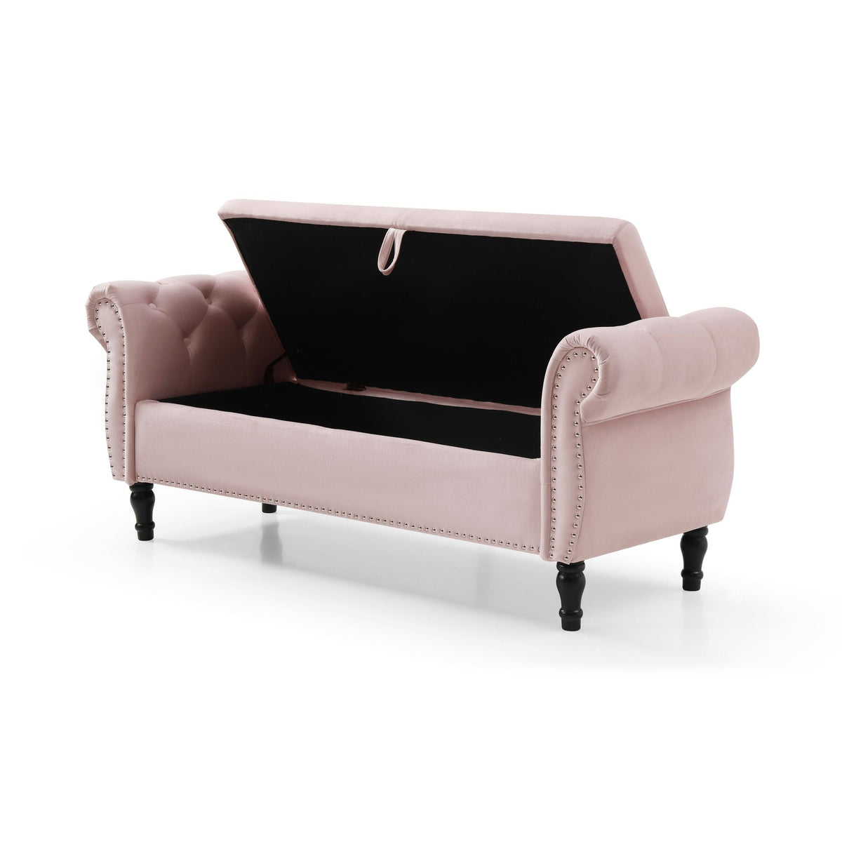 Aijia 63\" Pink Velvet Rectangular Chaise Lounge Stool Multifunctional Storage Tufted Nailhead Trim Solid Wood Legs 1 Pillow