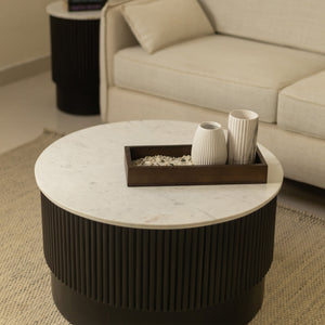 HMS 31\" White and Dark Brown Genuine Marble Drum Coffee Table with Solid Wood Round Design