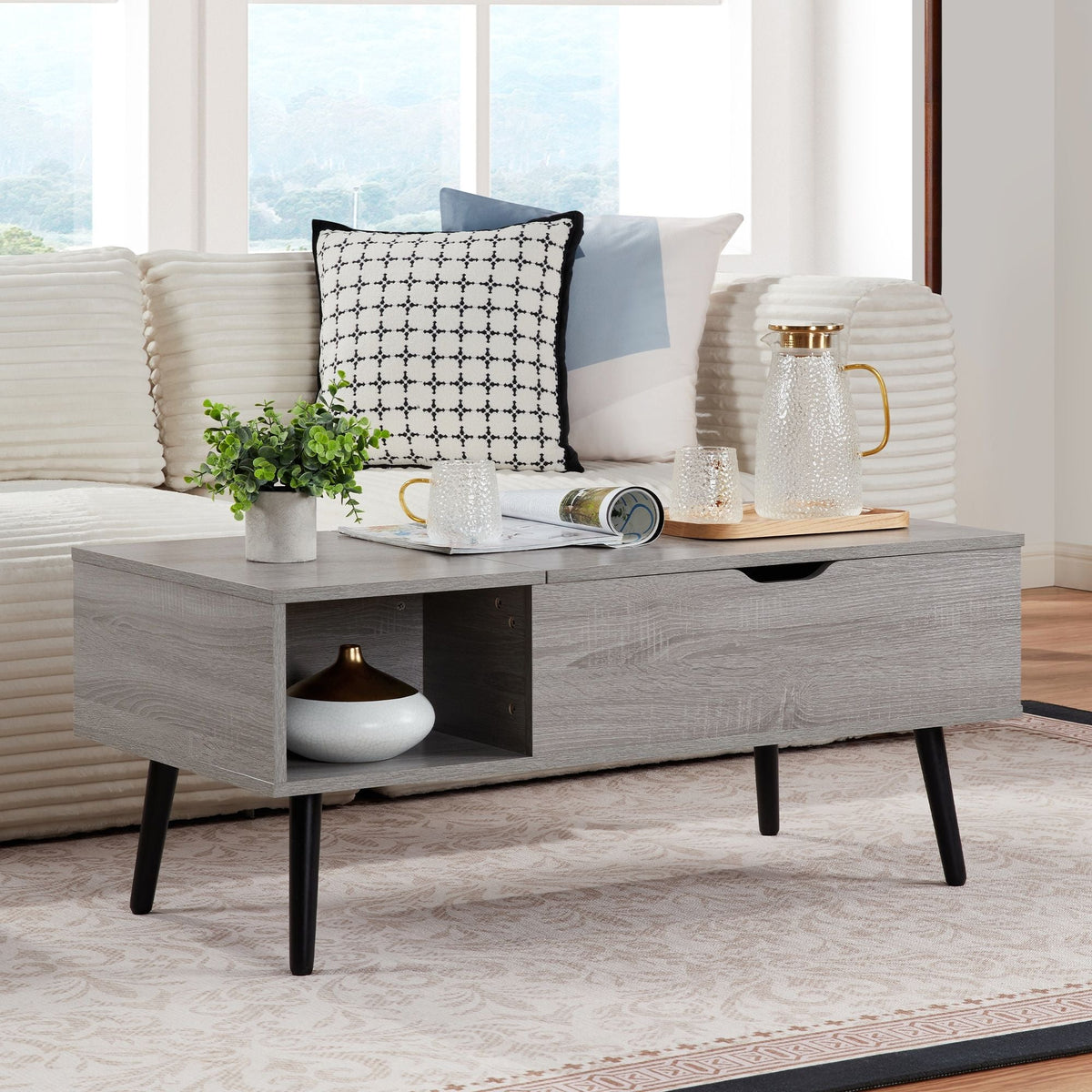 39\" Grey Lift Top Wood Coffee Table with Hidden Compartment and Storage Shelf for Living or Reception Room