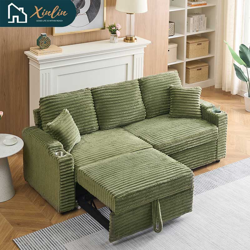 Free Shipping US 80-inch Two-in-one Pull-out, Foldable and Hidden Chaise Longue Corduroy Sofa With Cup Holders and Pillows