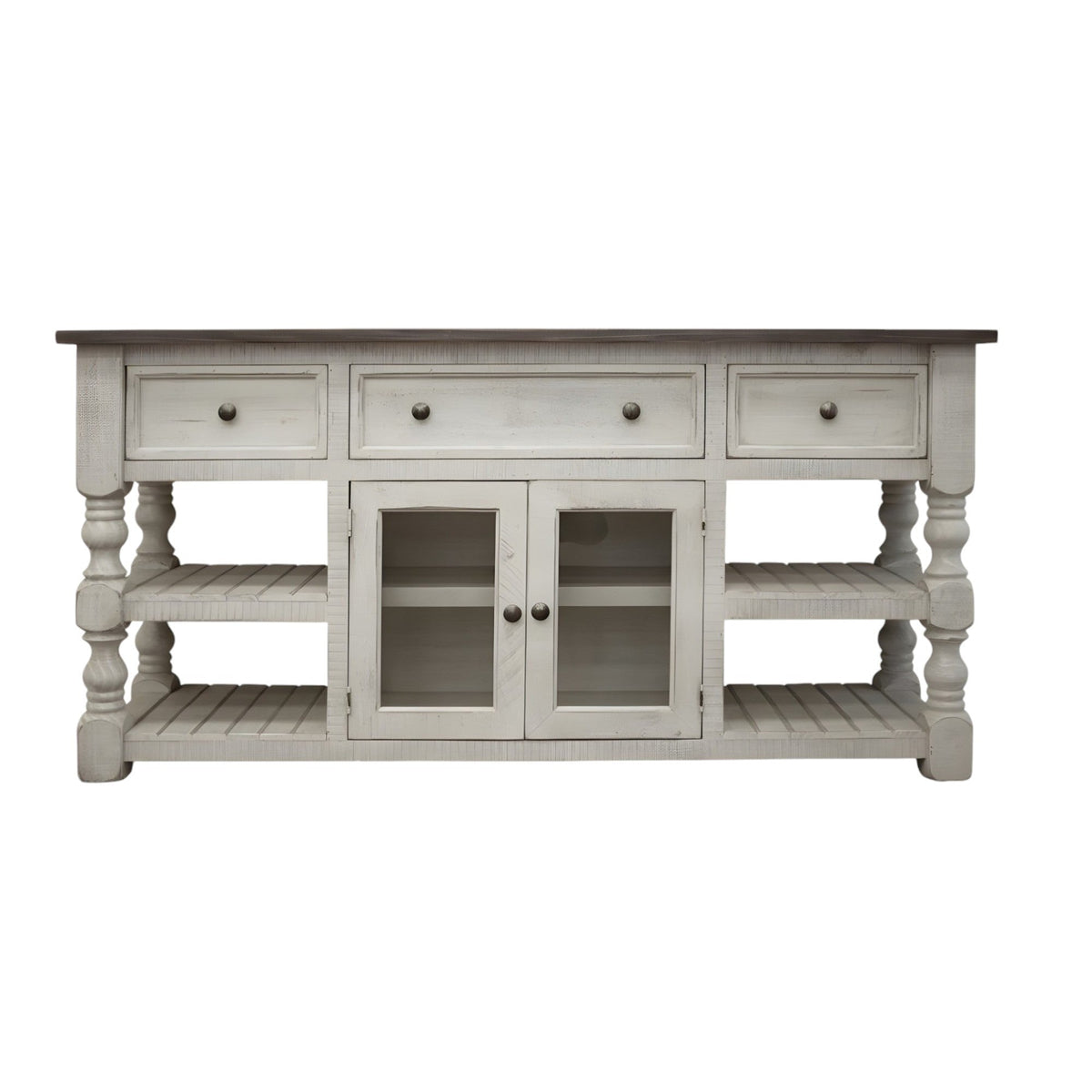 HMS 81 Ivory Solid Wood Open Shelving Distressed TV Stand Handcrafted with Distinctive Distress Finish