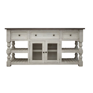 HMS 81 Ivory Solid Wood Open Shelving Distressed TV Stand Handcrafted with Distinctive Distress Finish