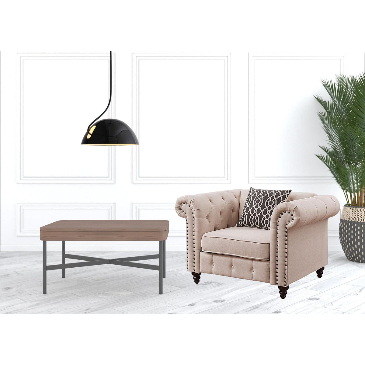 HMS 45 Beige and Black Linen Tufted Chesterfield Chair with Toss Pillow Elegant Living Room Furniture