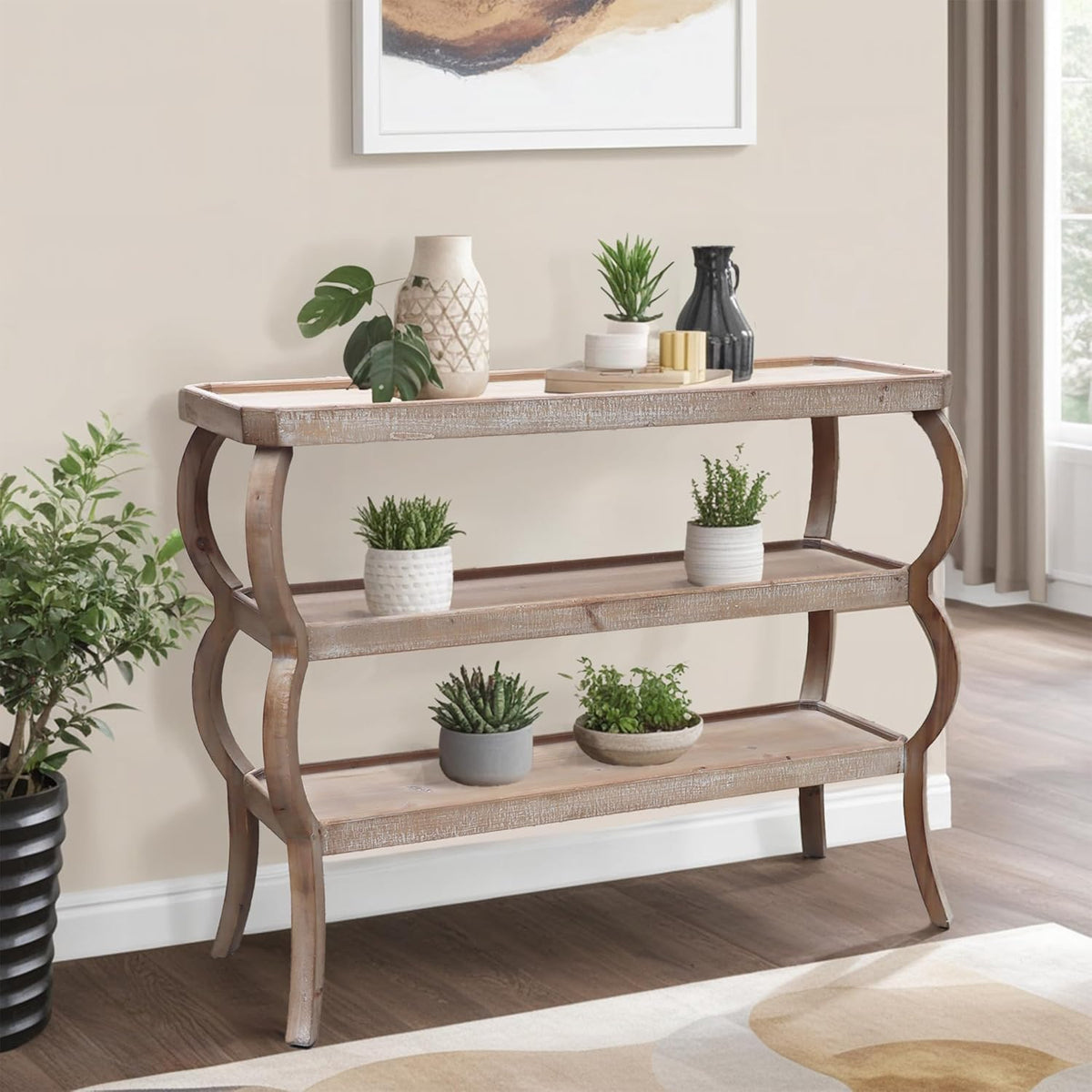 PARISLOFT 3-Tier Wood Console Table, Curved Entryway Table with Shelves, Wood Accent Table for Living Room, Entryway, Hallway, 4