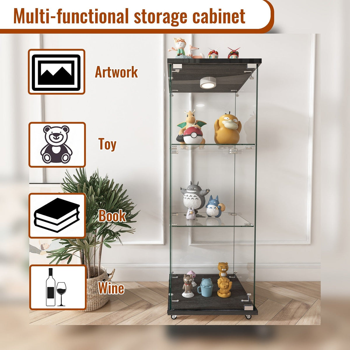 47.9" Glass Display Cabinet Showcases Cabinet for Living Room Storage for Action Figure Garage Kits Home Decor