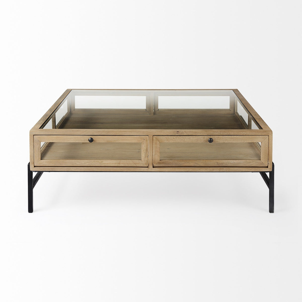 HMS 42\" Clear and Black Glass and Metal Square Coffee Table with Two Drawers and Shelf