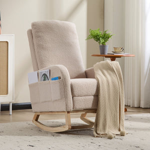 Modern Accent High Backrest Rocking Chair Solid Wood Legs Beige Teddy Upholstered Nursery Glider Rocker Comfy Living Room