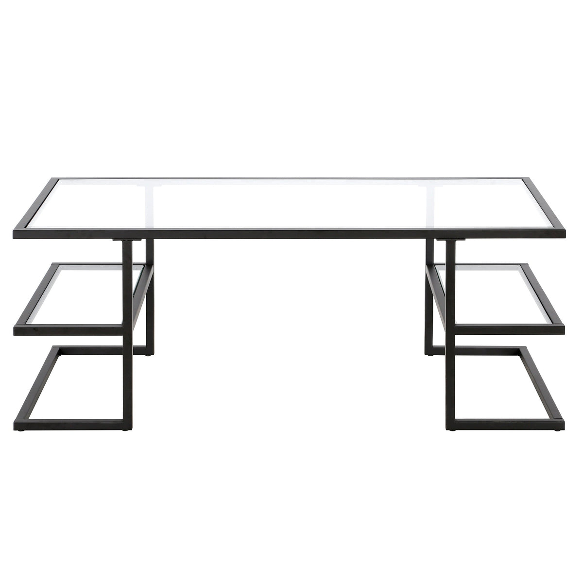 HMS 47\" Black Glass and Steel Coffee Table with Two Shelves Elegant Living Room Furniture for Home Use