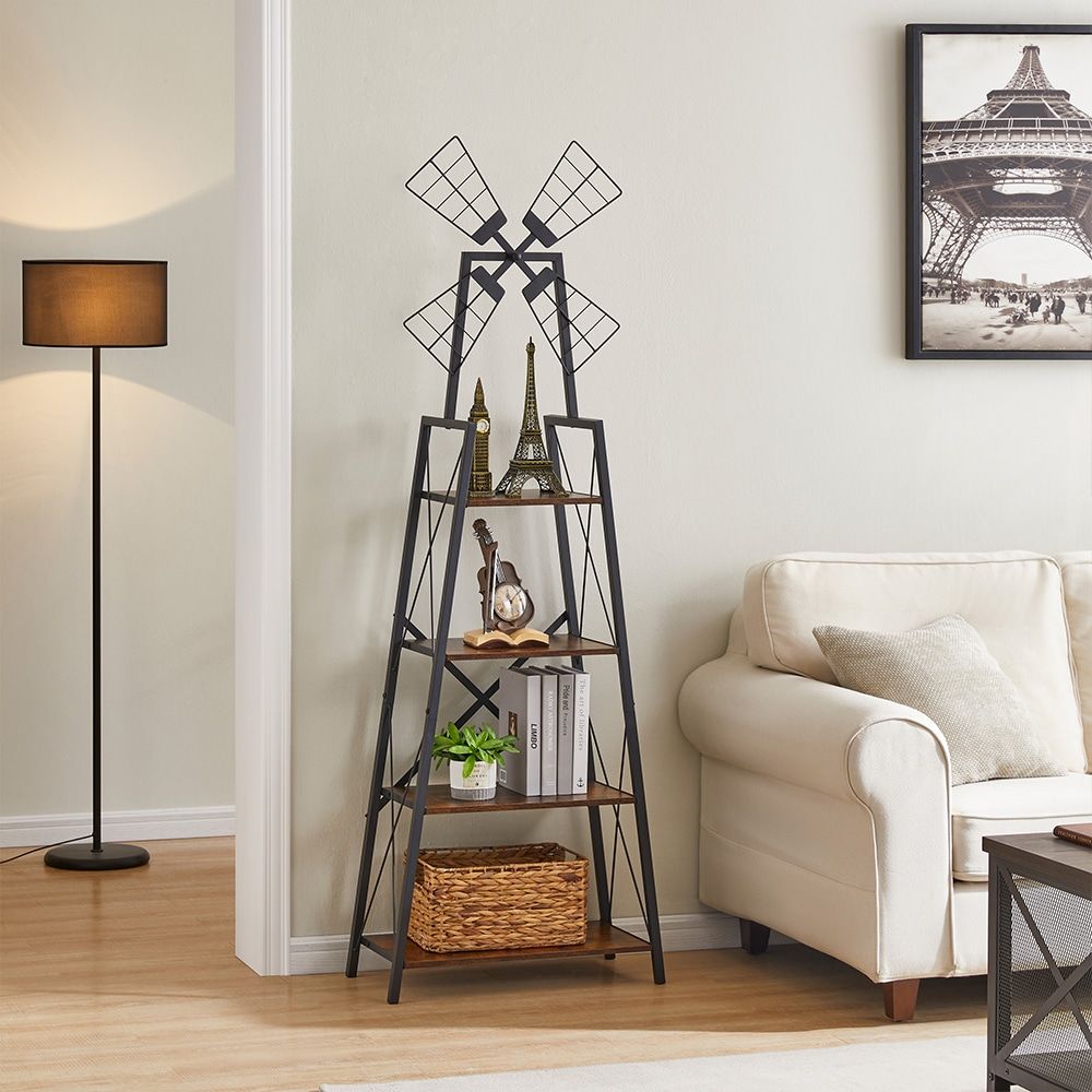 4-Tier Bookshelf with Windmill Metal Frame Display Storage Shelves Bookcase Organizer for Living Room & Home Office