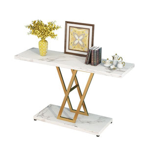 42 Inch Industrial Console Table Easy Assembly Gold/White Metal Frame Entryway Sofa Table Living Room Hallway Table Narrow Table
