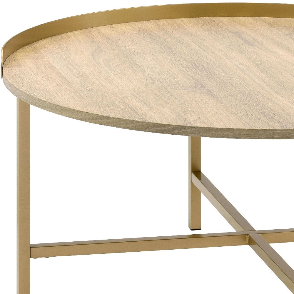 HMS 34\" Convertible Oak and Gold Wood and Metal Round Sled Coffee Table Farmhouse Style Tea Table for Living Room Use