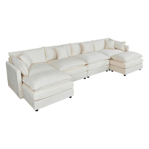 4-Seater Beige Sofa with 2 Footrests for Living Room