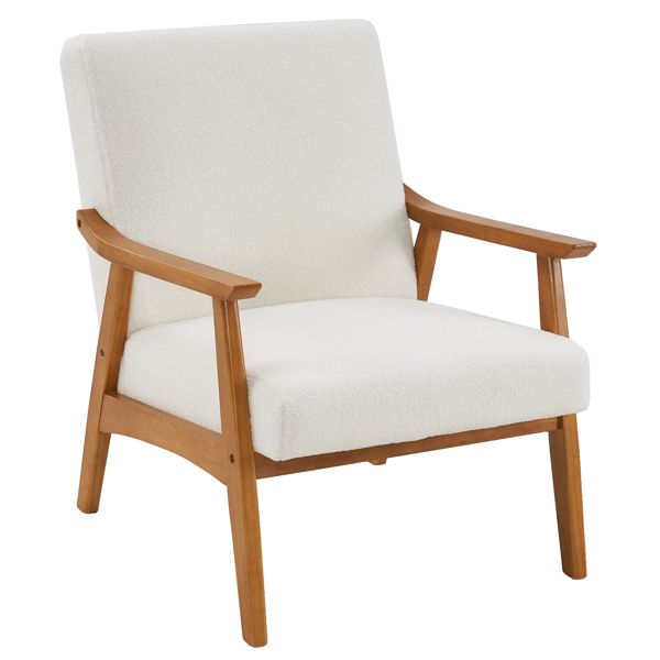 Solid Wood Single Indoor Lounge Chair with Creamy-White Teddy Velvet Armrest and Backrest