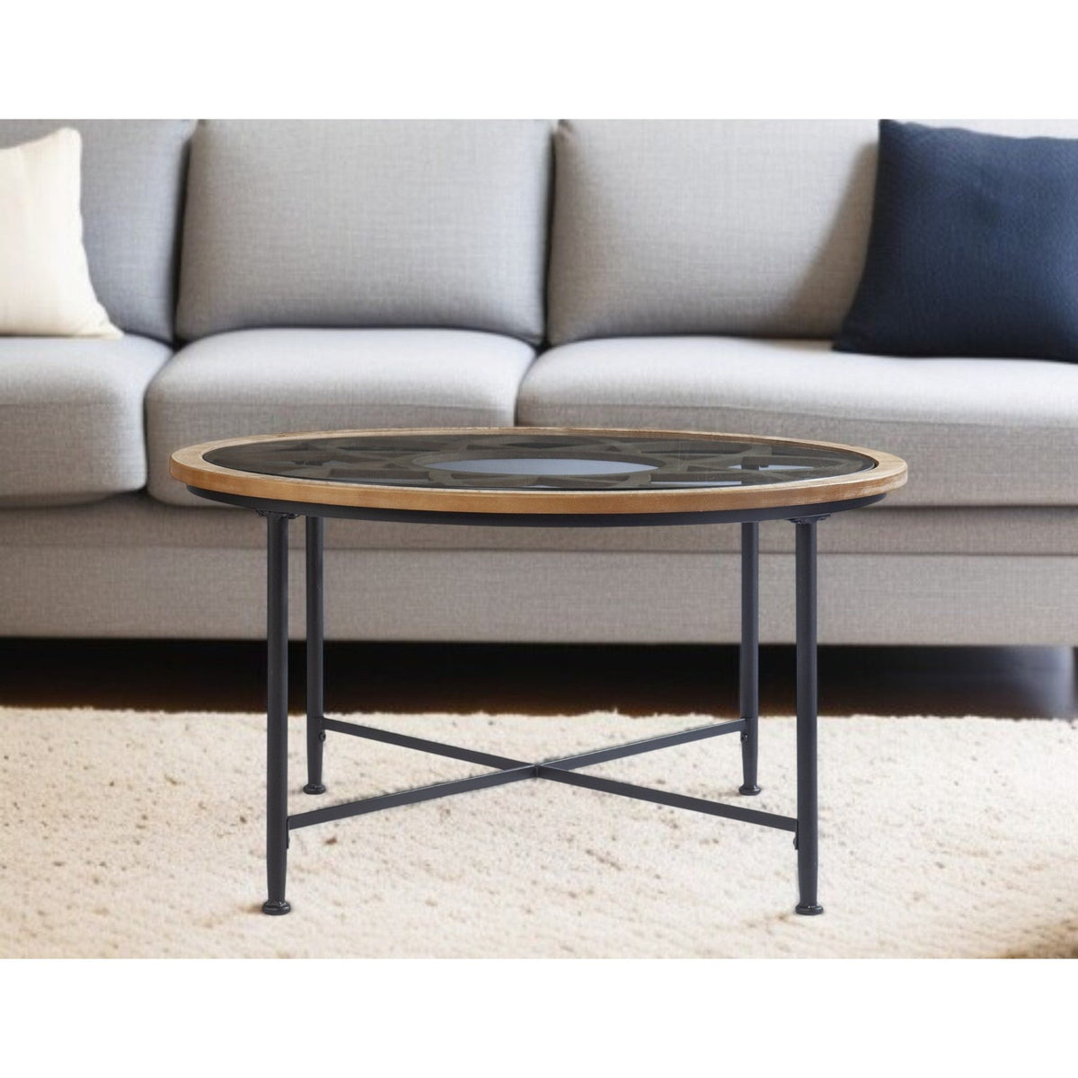 HMS 33 Floral Design Tempered Glass Top Round Coffee Table Metal Side Table for Living Room Use