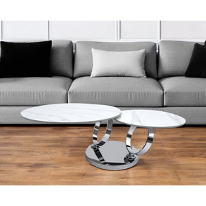 HMS 32\" White and Silver Ceramic Tile and Metal Round Abstract Coffee Table
