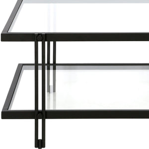 HMS 32\" Clear and Black Glass and Steel Square Coffee Table with Shelf