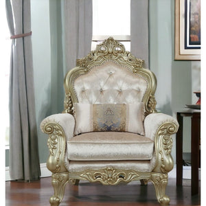 HMS 40\" Cream and Antiqued White Fabric Damask Tufted Arm Chair with Toss Pillow Elegant Living Room Furniture