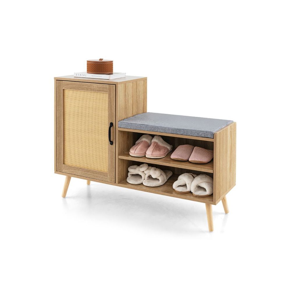 2-in-1 Rattan Shoe Cabinet with Washable Cushion Bench Shoe Rack with Convenient Storage Bench