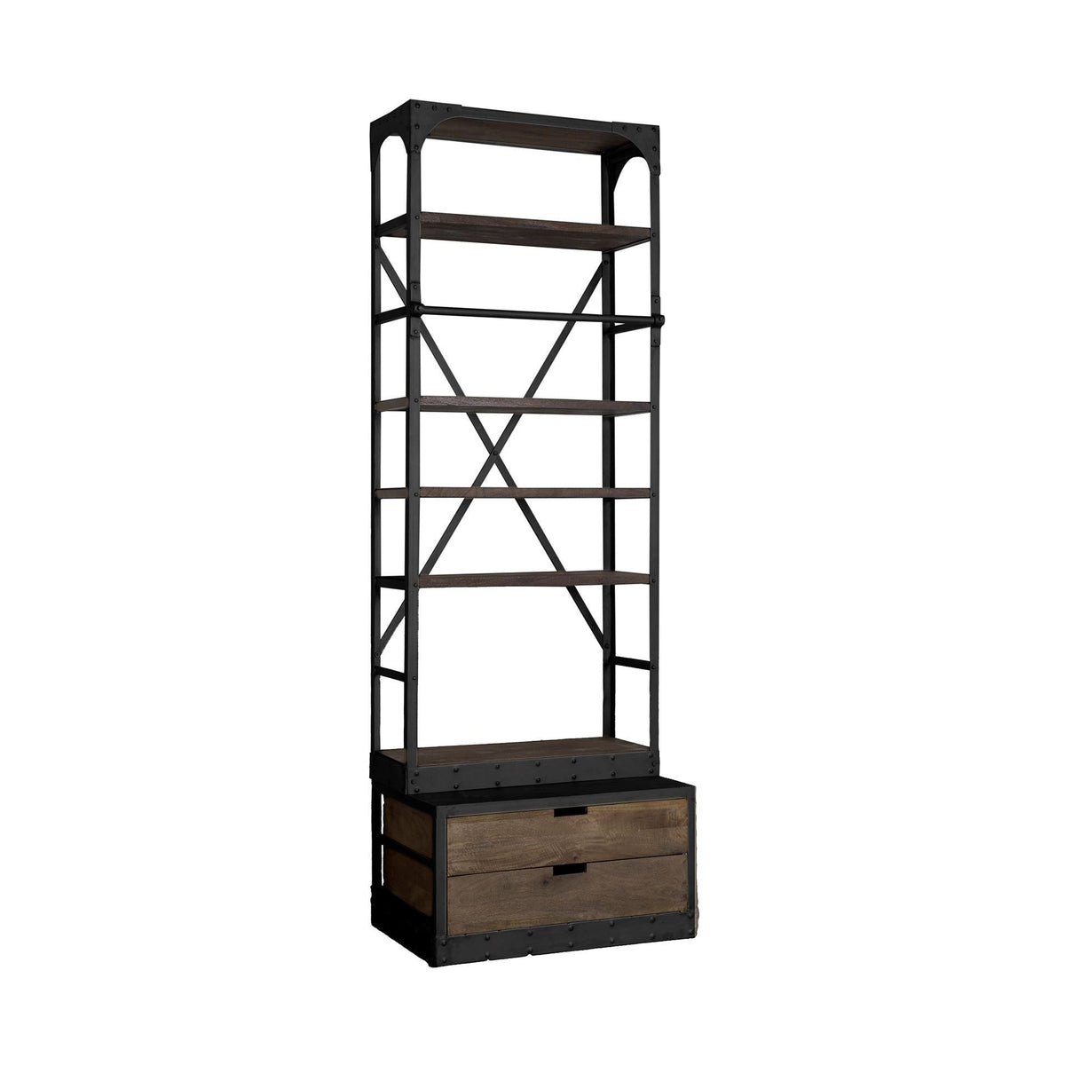 HMS Traditional Contemporary Five Tier Bookshelf Solid Wood Black Iron with Two Drawers for Home Office Workshop Hotel Use